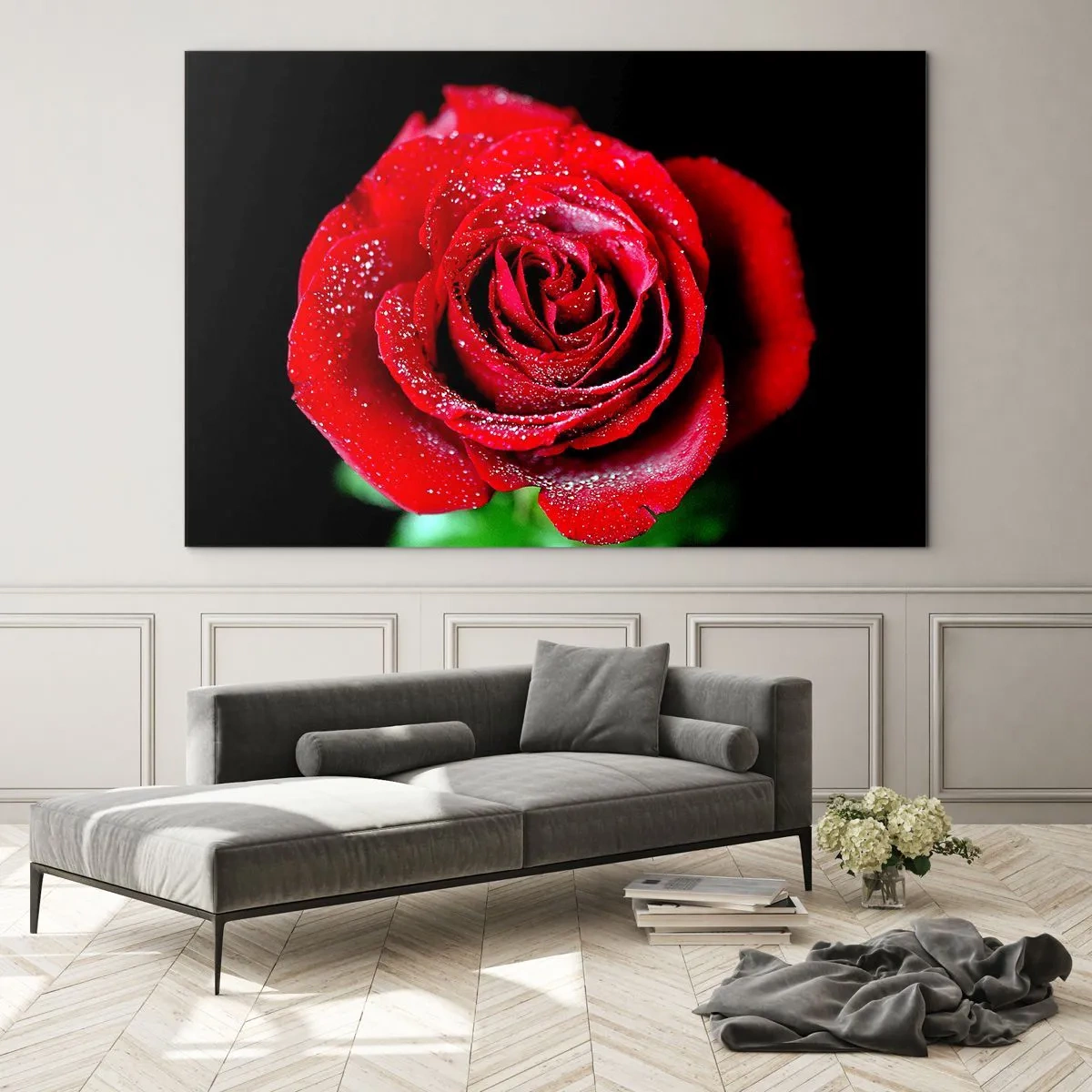 Glasbild - Bild auf glas - Eine rote Rose mit Tautropfen bedeckt auf dunklem Hintergrund - 120x80cm - Das ist Liebe - Moderne Wanddekoration für Wohnzimmer und Schlafzimmer ARTTOR