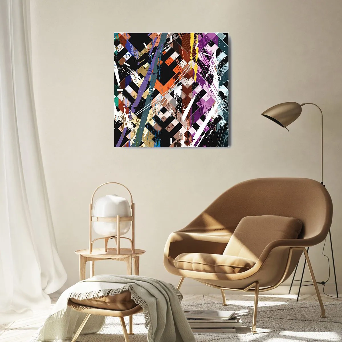 Wanduhr - Glasuhr - Abstrakte Komposition mit farbigen Linien auf schwarzem Hintergrund - 30x30cm - Quadriert - Moderne Wanddekoration für Wohnzimmer und Schlafzimmer ARTTOR