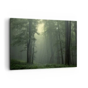 Bild auf Leinwand - Leinwandbild - Ein grüner Wald am Morgen, eingehüllt in einen zarten Nebel - 100x70cm - Bevor er aufwacht - Moderne Wanddekoration für Wohnzimmer und Schlafzimmer ARTTOR