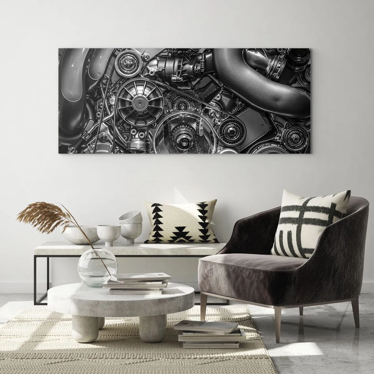 Glasbild - Bild auf glas - Schwarz-Weiß-Nahaufnahme der mechanischen Details eines Automotors. - 120x50cm - Die Poesie der Mechanik - Moderne Wanddekoration für Wohnzimmer und Schlafzimmer ARTTOR