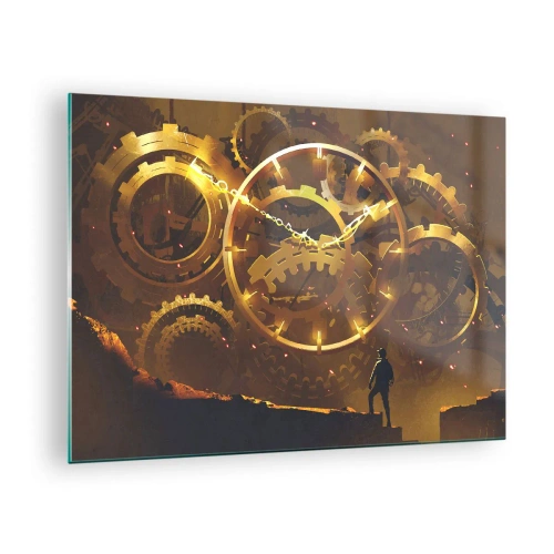 Glasbild - Bild auf glas - Goldene Steampunk-Zahnräder mit Hintergrundbeleuchtung vor einer menschlichen Silhouette - 70x50cm - An der Quelle der Zeit - Moderne Wanddekoration für Wohnzimmer und Schlafzimmer ARTTOR
