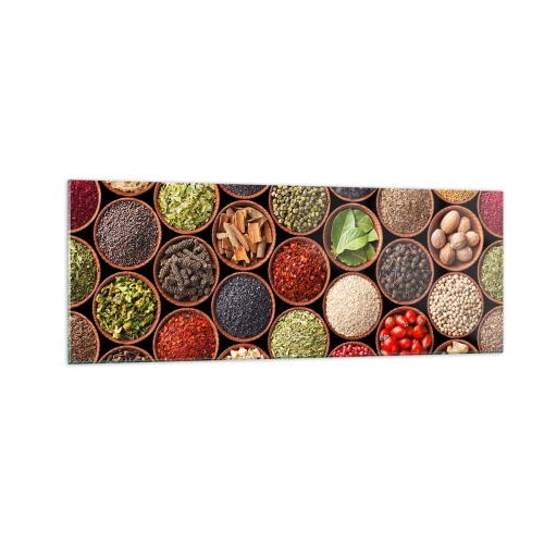 Glasbild - Bild auf glas - Bunte Gewürze in runden Behältern - 140x50cm - Alle Aromen der Welt - Moderne Wanddekoration für Wohnzimmer und Schlafzimmer ARTTOR