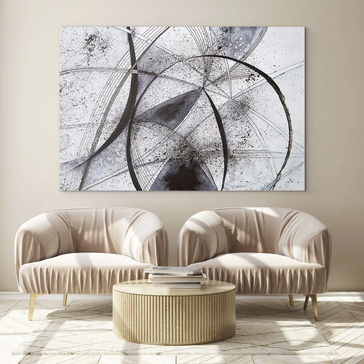 Glasbild - Bild auf glas - Eine Schwarz-Weiß-Komposition aus sich kreuzenden Linien und geometrischen Bögen. - 70x50cm - Futuristische Fantasie - Moderne Wanddekoration für Wohnzimmer und Schlafzimmer ARTTOR