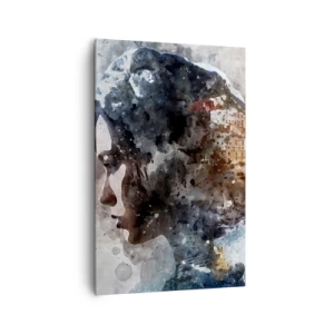 Bild auf Leinwand - Leinwandbild - Porträt einer Frau, die ihr Gesicht mit einer Stadtlandschaft im Hintergrund kombiniert - 80x120cm - Eine Geschichte über ein Mädchen mit einer Stadt im Hintergrund - Moderne Wanddekoration für Wohnzimmer und Schlafzimme