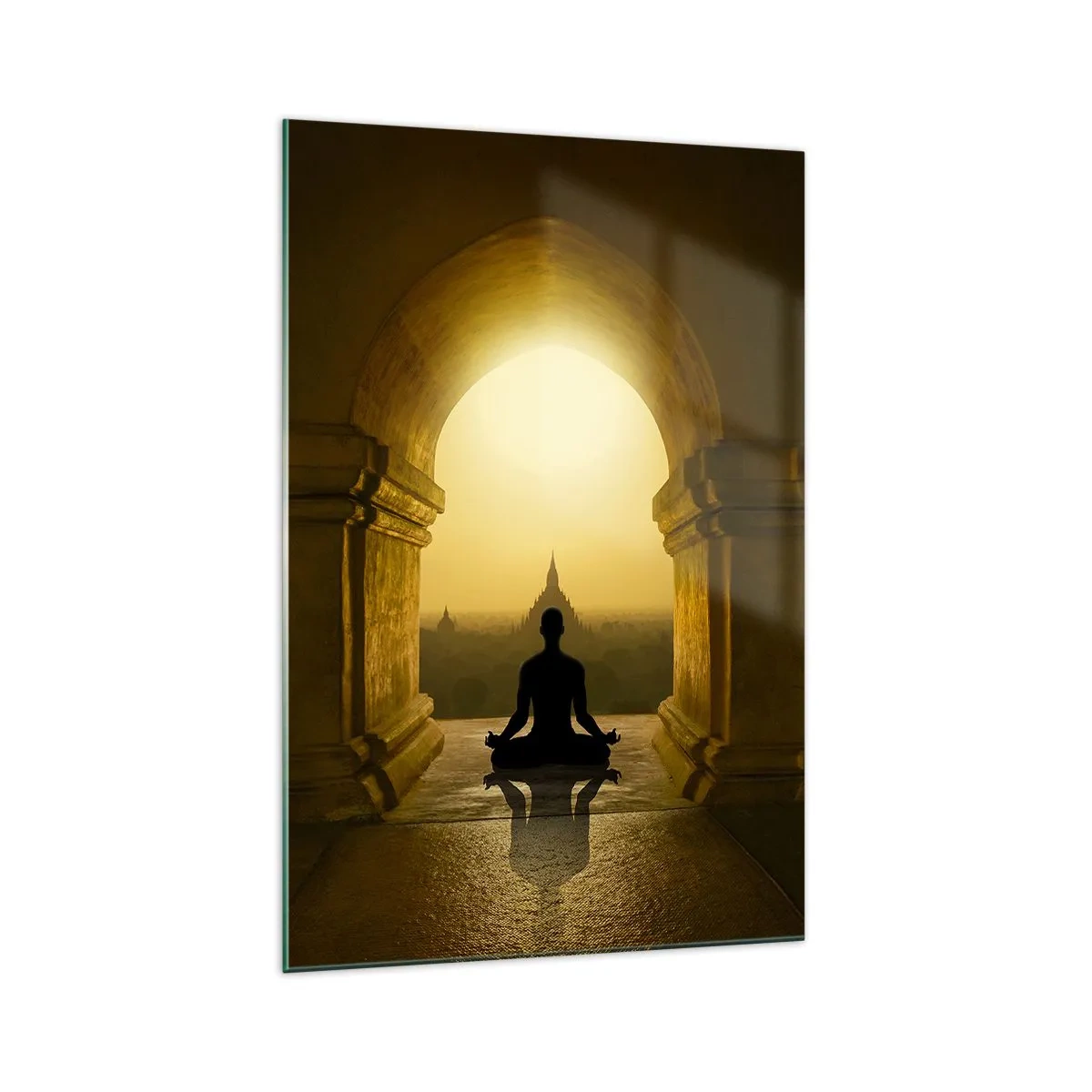Glasbild - Bild auf glas - Silhouette einer meditierenden Person im Licht der untergehenden Sonne - 70x100cm - Vollkommene Harmonie - Moderne Wanddekoration für Wohnzimmer und Schlafzimmer ARTTOR