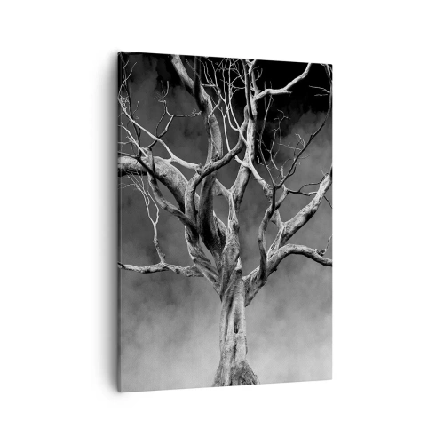 Bild auf Leinwand - Leinwandbild - Ein trockener Baum in Schwarz und Weiß gegen den Nebel - 50x70cm - Ursprünglich und heilig - Moderne Wanddekoration für Wohnzimmer und Schlafzimmer ARTTOR