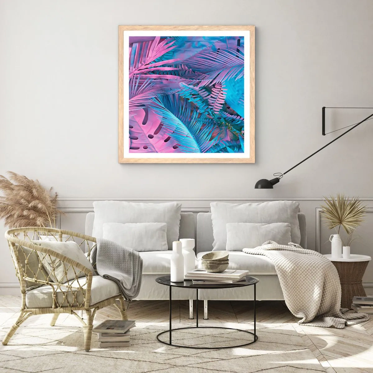 Poster in einem Rahmen aus heller Eiche - Tropen in Rosa und Blau - 30x30 cm