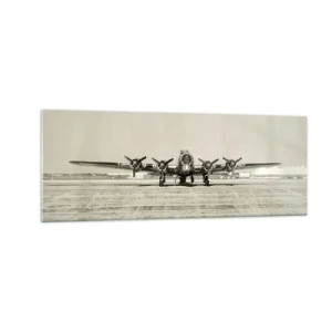 Glasbild - Bild auf glas - Historisches Flugzeug auf dem Flughafen in Sepia - 140x50cm - Wie immer bereit - Moderne Wanddekoration für Wohnzimmer und Schlafzimmer ARTTOR