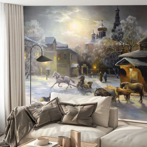 Selbstklebende Fototapete Deluxe Sticker - Die Magie des russischen Winters - Landschaft, Dorf, Winter auf dem Land - 100x70 cm