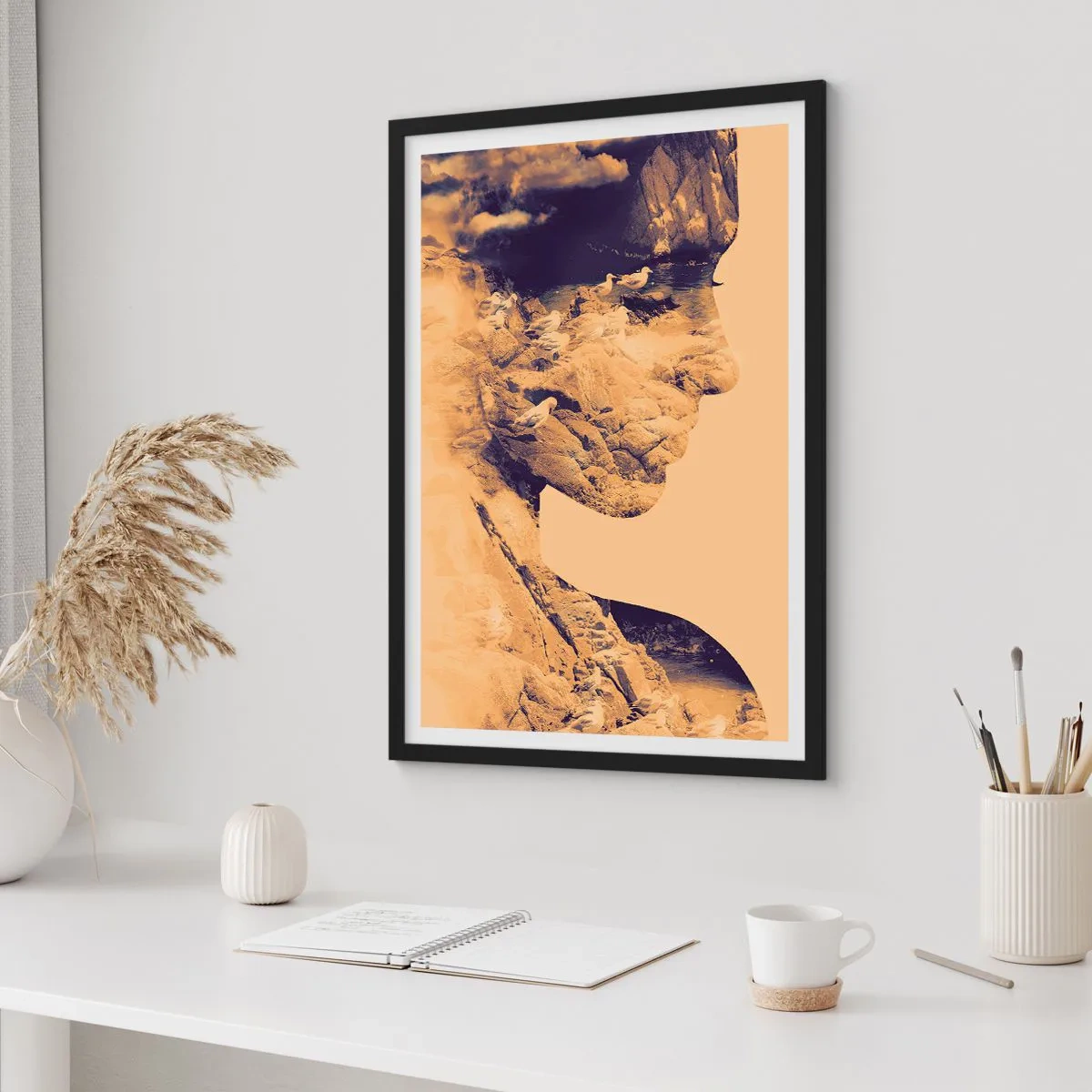 Poster in einem schwarzem Rahmen - Porträt mit Landschaft im Doppelbelichtungsstil - 50x70cm - Von Natur aus schön - Moderne Wanddekoration für Wohnzimmer und Schlafzimmer ARTTOR
