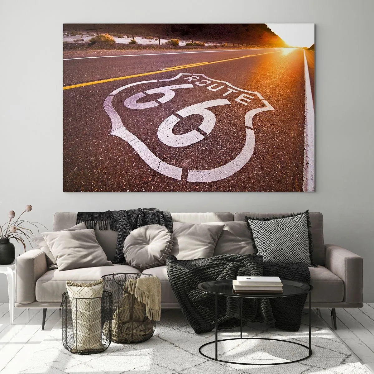 Glasbild - Bild auf glas - Route 66 bei Sonnenuntergang - 120x80cm - Die berühmte Straße 66 - Moderne Wanddekoration für Wohnzimmer und Schlafzimmer ARTTOR