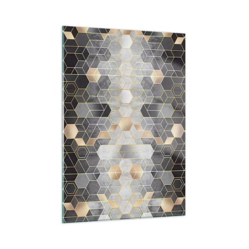 Glasbild - Bild auf glas - Geometrisches Muster aus Sechsecken in goldenen Linien - 50x70cm - Diamant-Komposition - Moderne Wanddekoration für Wohnzimmer und Schlafzimmer ARTTOR