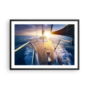 Poster in einem schwarzem Rahmen - Yacht auf See bei Sonnenuntergang - 70x50cm - Laufen unter den Wellen - Moderne Wanddekoration für Wohnzimmer und Schlafzimmer ARTTOR