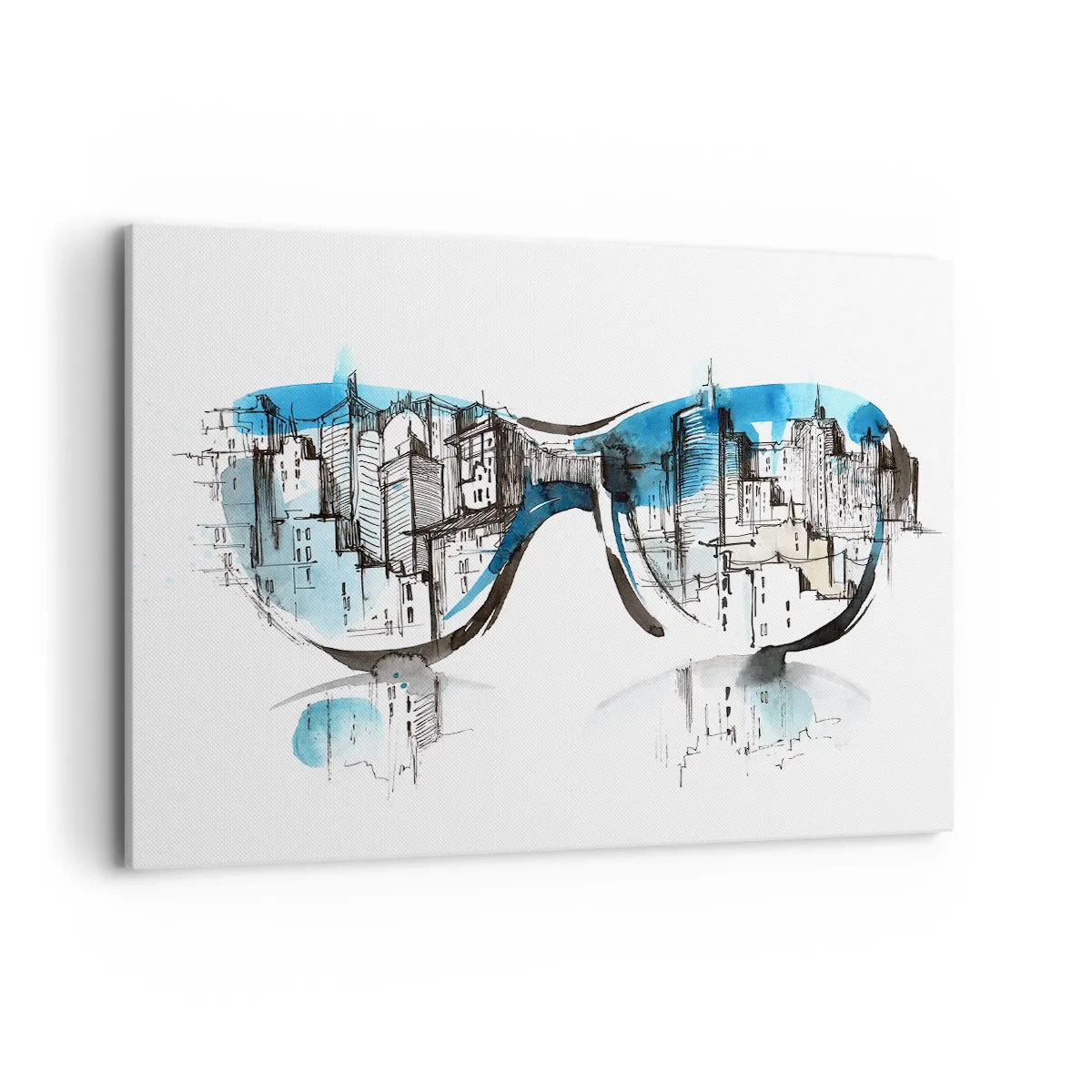 Bild auf Leinwand - Leinwandbild - Aquarell des Stadtpanoramas, das sich in den Gläsern spiegelt - 100x70cm - Großstadt-Chic - Moderne Wanddekoration für Wohnzimmer und Schlafzimmer ARTTOR