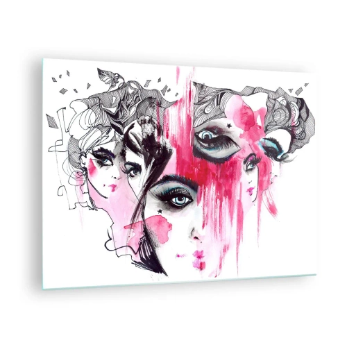 Glasbild - Bild auf glas - Abstrakte weibliche Gesichter mit rosa Akzenten im Skizzenstil. - 70x50cm - Abstrakte Augen - Moderne Wanddekoration für Wohnzimmer und Schlafzimmer ARTTOR