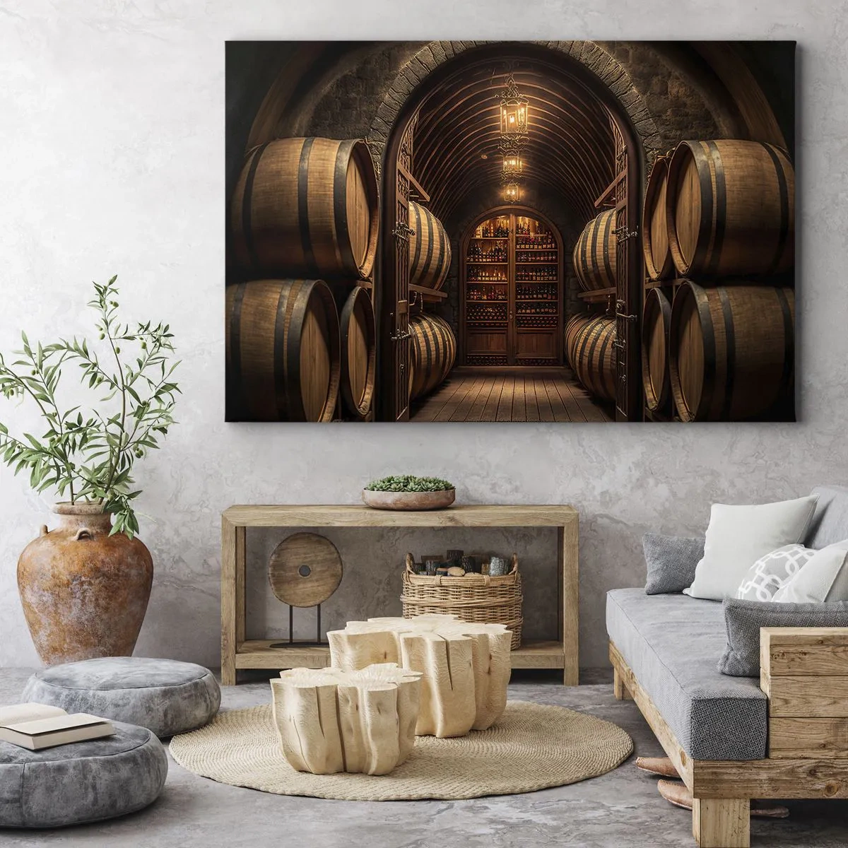 Bild auf Leinwand - Leinwandbild - Weinkeller mit Holzfässern und Weinregalen - 100x70cm - Stimmungsvoller Keller - Moderne Wanddekoration für Wohnzimmer und Schlafzimmer ARTTOR
