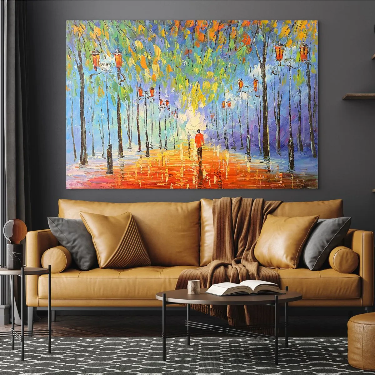 Glasbild - Bild auf glas - Ein farbenfroher Park mit einer Allee und Laternen im malerischen Stil - 120x80cm - Nachtlied des Regens - Moderne Wanddekoration für Wohnzimmer und Schlafzimmer ARTTOR