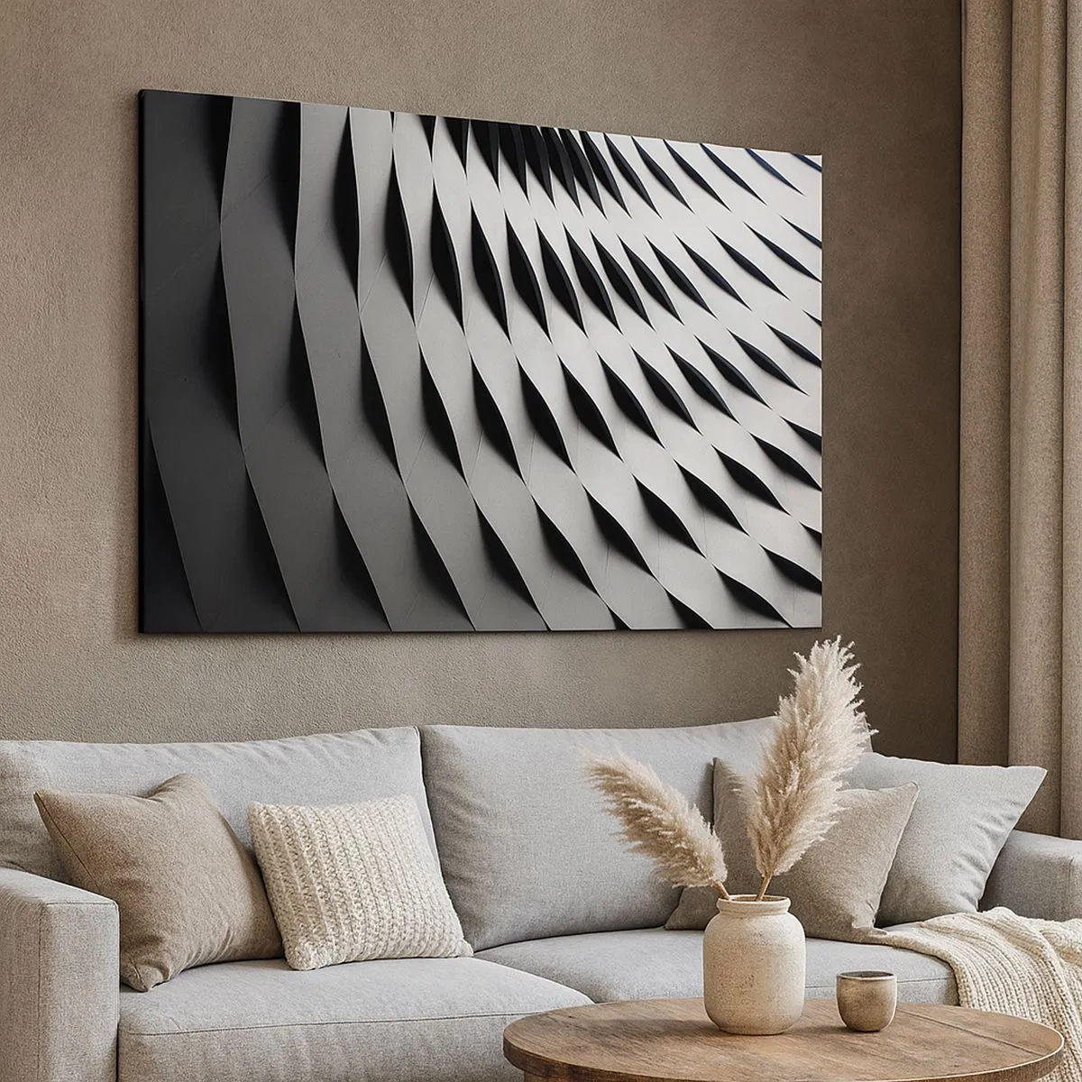 Bild auf Leinwand - Leinwandbild - Abstraktes geometrisches Muster in Schwarz-Weiß-Tönen - 70x50cm - Auf der Oberfläche der Wellen - Moderne Wanddekoration für Wohnzimmer und Schlafzimmer ARTTOR
