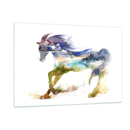 Glasbild - Bild auf glas - Aquarell eines Pferdes mit einer Berglandschaft in der Silhouette - 120x80cm - Von der Wiese direkt in den Himmel - Moderne Wanddekoration für Wohnzimmer und Schlafzimmer ARTTOR