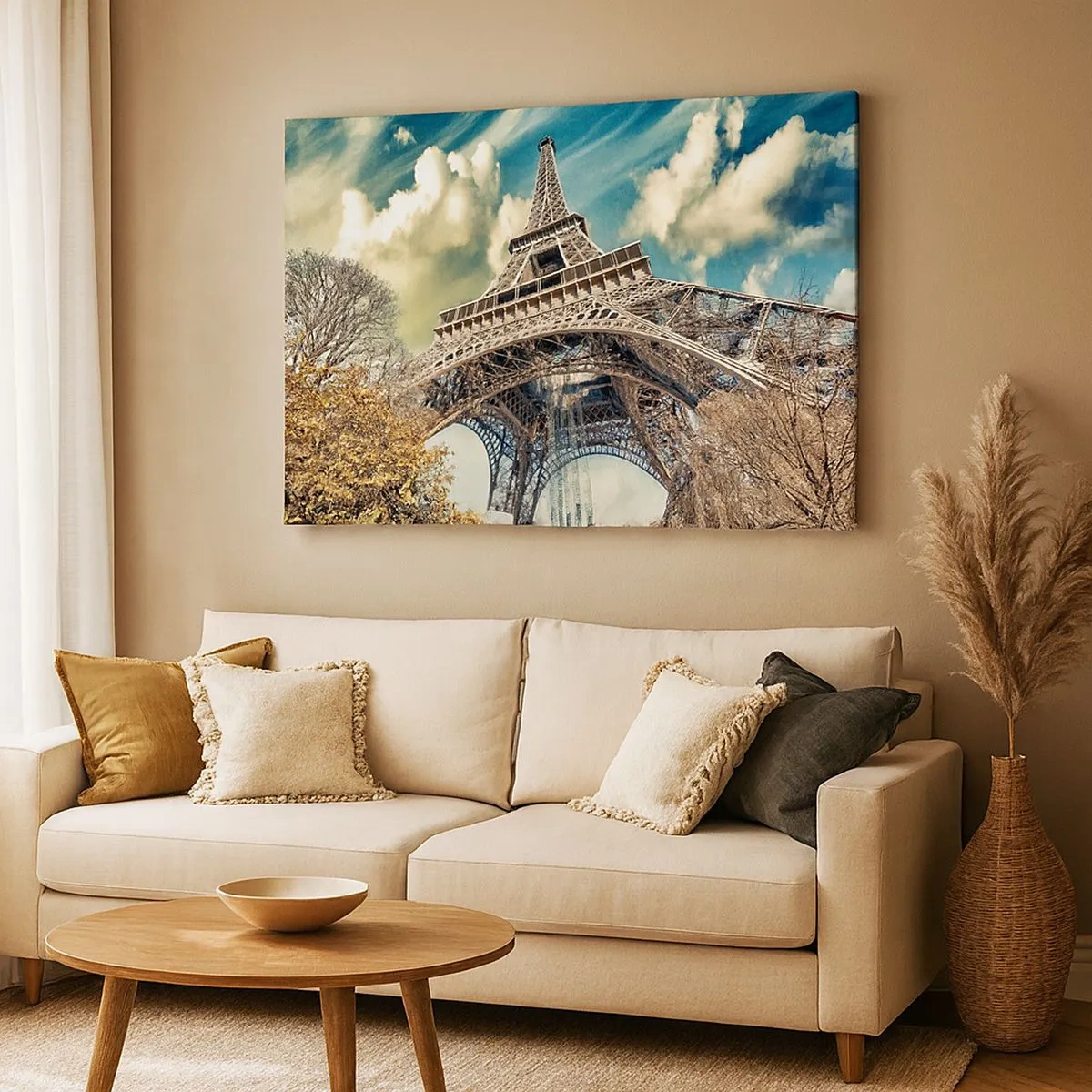 Bild auf Leinwand - Leinwandbild - Der Eiffelturm von unten in herbstlicher Kulisse - 70x50cm - Und im Herbst in Paris ... - Moderne Wanddekoration für Wohnzimmer und Schlafzimmer ARTTOR