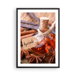 Poster in einem schwarzem Rahmen - Eine Flasche ayurvedisches Öl und Gewürze - 50x70cm - Zur Einheit von Körper und Geist - Moderne Wanddekoration für Wohnzimmer und Schlafzimmer ARTTOR