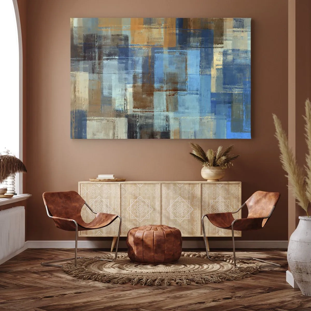 Bild auf Leinwand - Leinwandbild - Abstrakte geometrische Komposition in Blau- und Brauntönen - 120x80cm - Durch den blauen Schleier - Moderne Wanddekoration für Wohnzimmer und Schlafzimmer ARTTOR