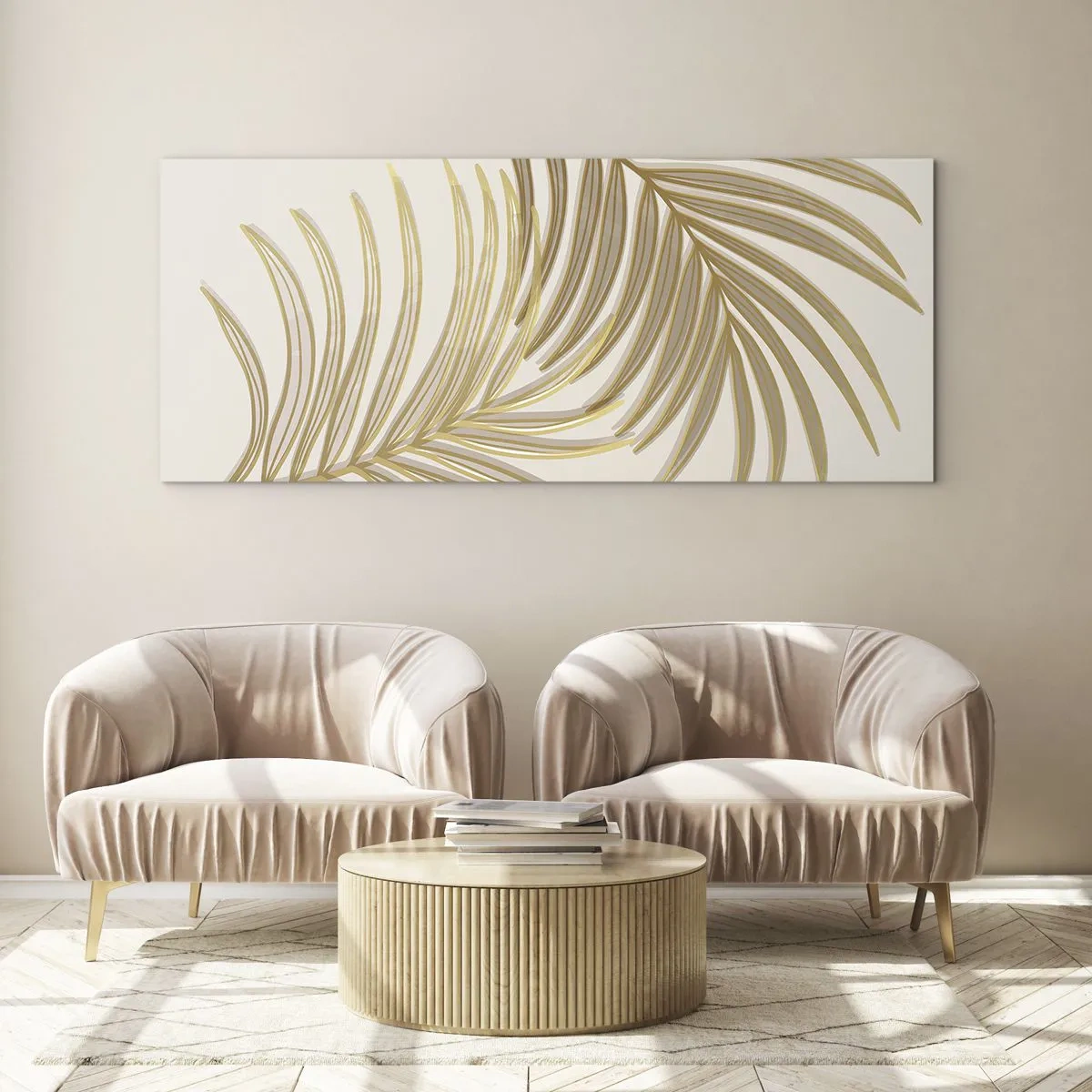 Glasbild - Bild auf glas - Goldene Palmblätter auf hellem Hintergrund im minimalistischen Stil - 140x50cm - Goldene Palme! - Moderne Wanddekoration für Wohnzimmer und Schlafzimmer ARTTOR