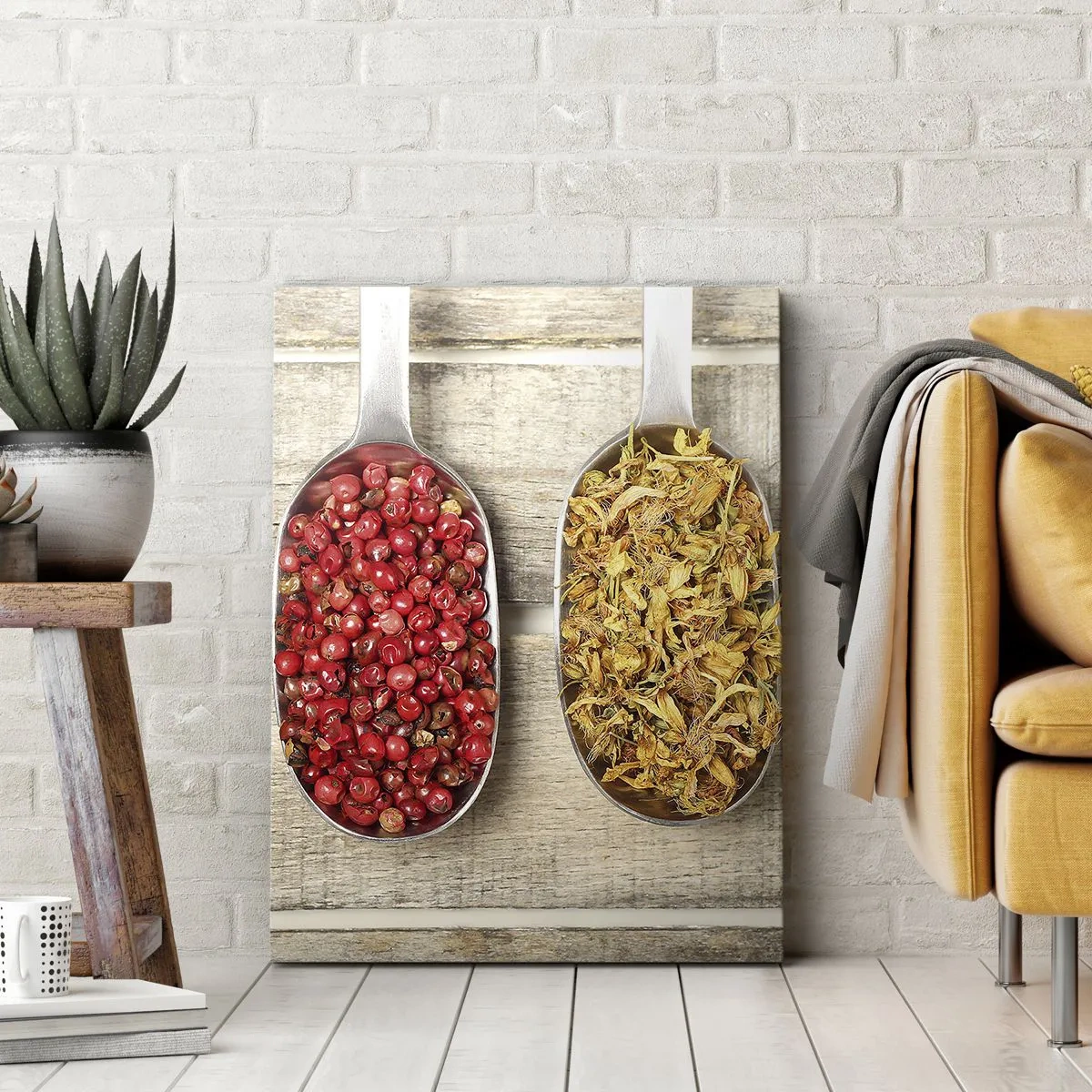 Bild auf Leinwand - Leinwandbild - Drei Metalllöffel mit Gewürzen auf einem hölzernen Hintergrund - 70x100cm - Küchenzauber - Moderne Wanddekoration für Wohnzimmer und Schlafzimmer ARTTOR