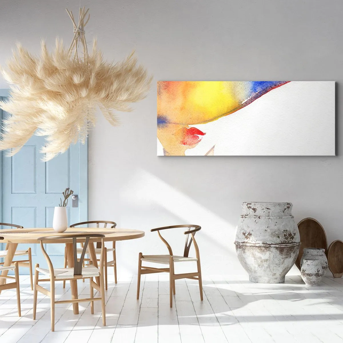 Bild auf Leinwand - Leinwandbild - Ein minimalistisches Aquarellgemälde des Profils einer Frau mit einem bunten Hut. - 120x50cm - Bildnis einer Dame - Moderne Wanddekoration für Wohnzimmer und Schlafzimmer ARTTOR
