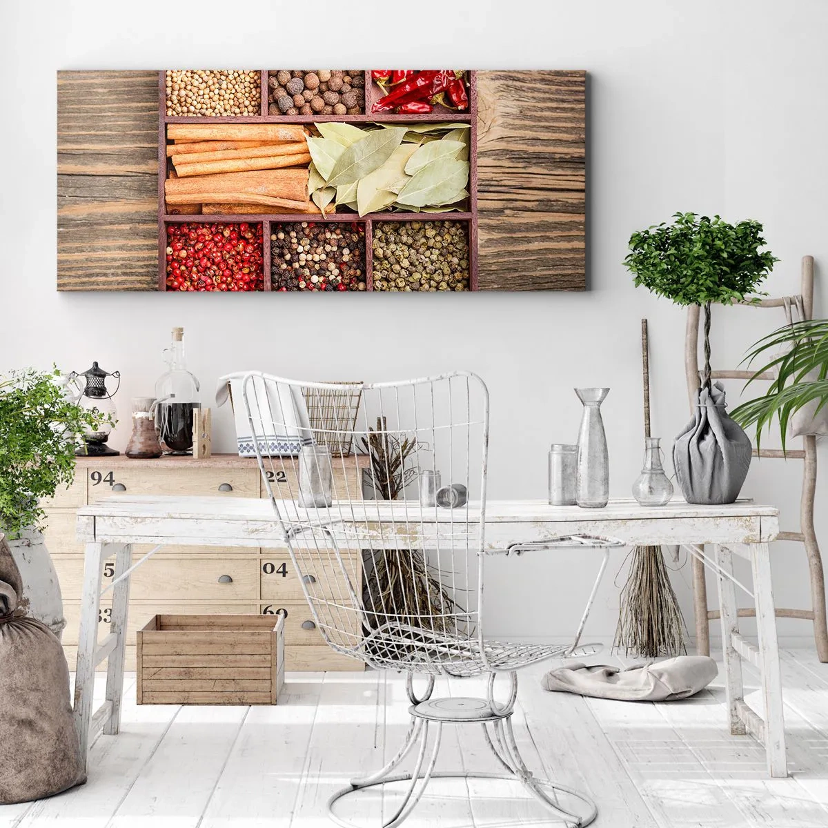 Bild auf Leinwand - Leinwandbild - Holzkiste mit verschiedenen Gewürzen in Fächern - 160x50cm - Ordnung der Formen, Bouquet von Aromen - Moderne Wanddekoration für Wohnzimmer und Schlafzimmer ARTTOR