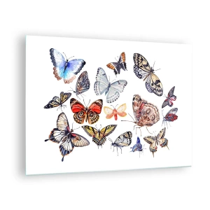 Glasbild - Bild auf glas - Bunte Schmetterlinge in einer künstlerischen Komposition - 70x50cm - Spitzen, bunter Schwarm - Moderne Wanddekoration für Wohnzimmer und Schlafzimmer ARTTOR