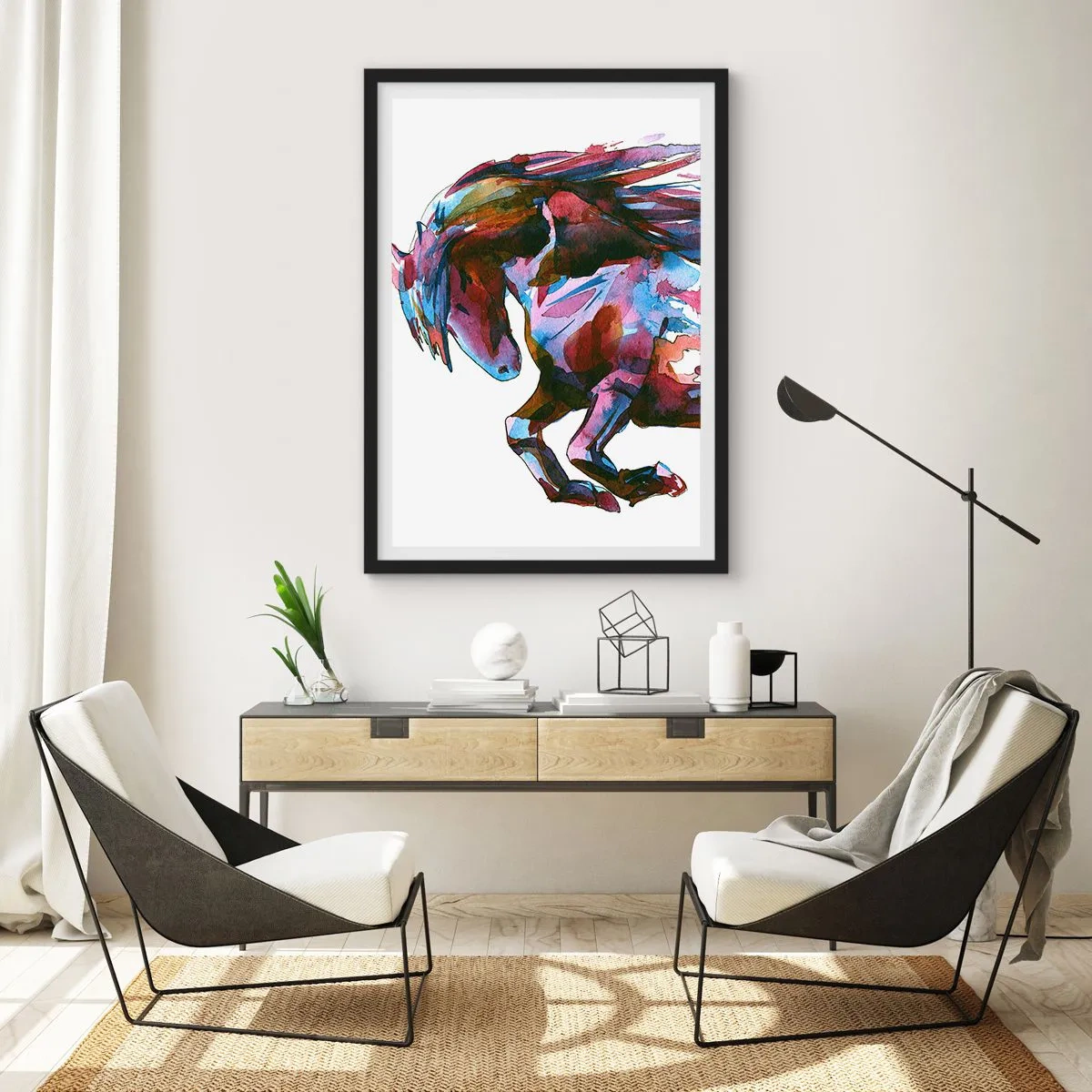 Poster in einem schwarzem Rahmen - Buntes abstraktes Pferd in dynamischer Pose - 50x70cm - In Verzückung - Moderne Wanddekoration für Wohnzimmer und Schlafzimmer ARTTOR