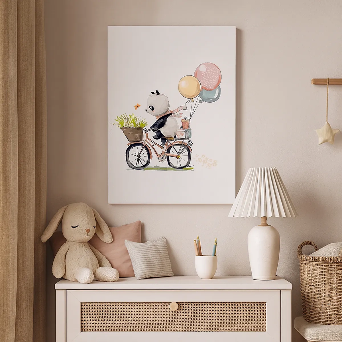 Bild auf Leinwand - Leinwandbild - Panda auf einem Fahrrad mit Luftballons und Blumen - 50x70cm - Glücklicher Tag - Moderne Wanddekoration für Wohnzimmer und Schlafzimmer ARTTOR