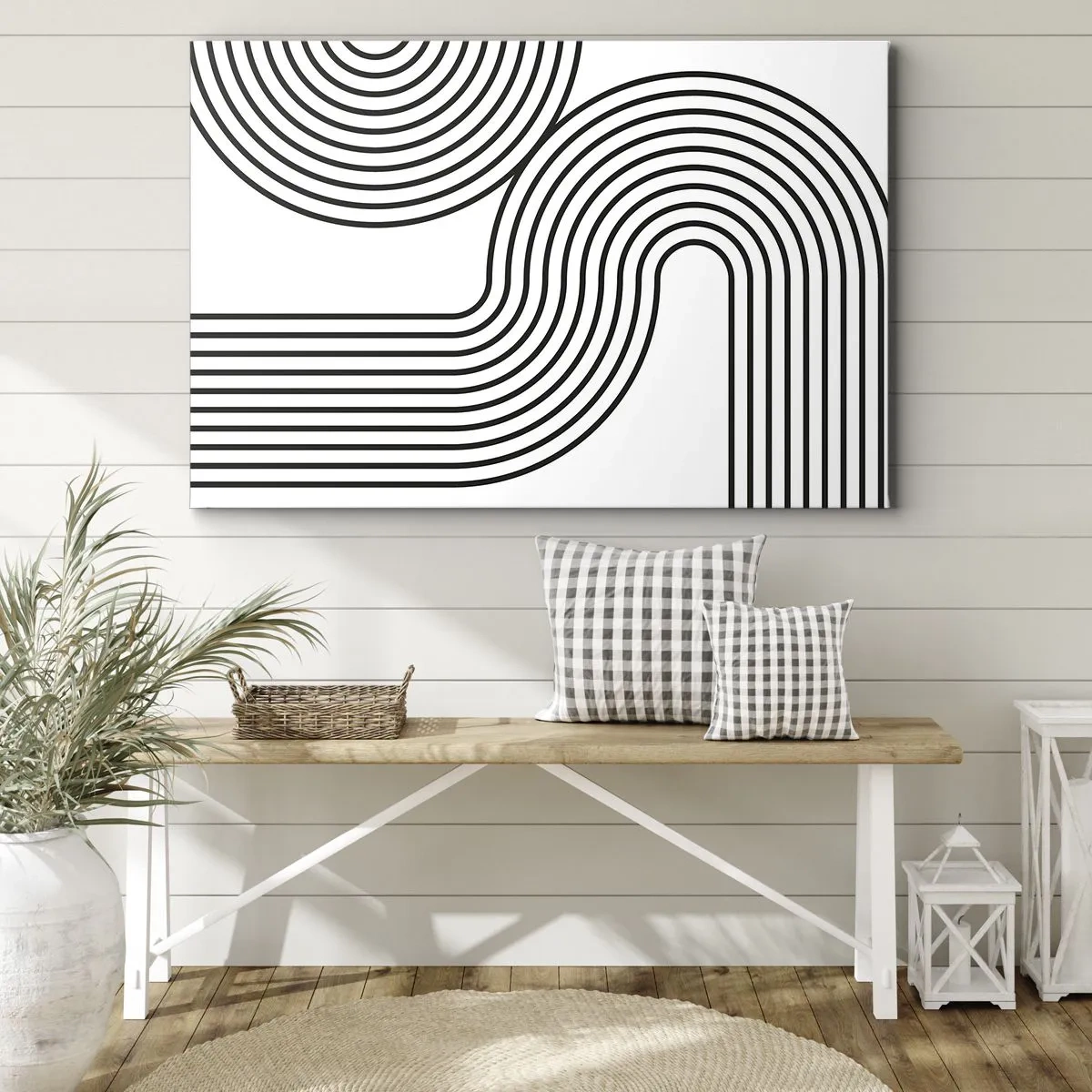Bild auf Leinwand - Leinwandbild - Ein abstraktes Gemälde mit schwarzen Linien, die geometrische Muster auf weißem Hintergrund erzeugen. - 70x50cm - An der Kurve - Moderne Wanddekoration für Wohnzimmer und Schlafzimmer ARTTOR