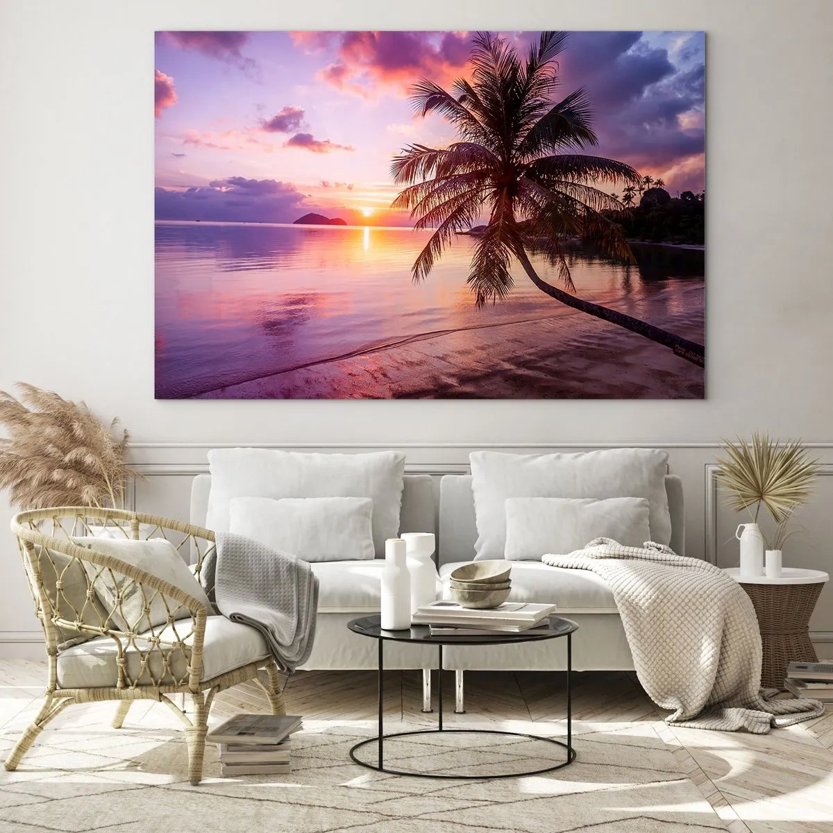 Glasbild - Bild auf glas - Exotischer Strand mit Palme bei Sonnenuntergang - 70x50cm - Behaglichkeit bis zum Horizont - Moderne Wanddekoration für Wohnzimmer und Schlafzimmer ARTTOR