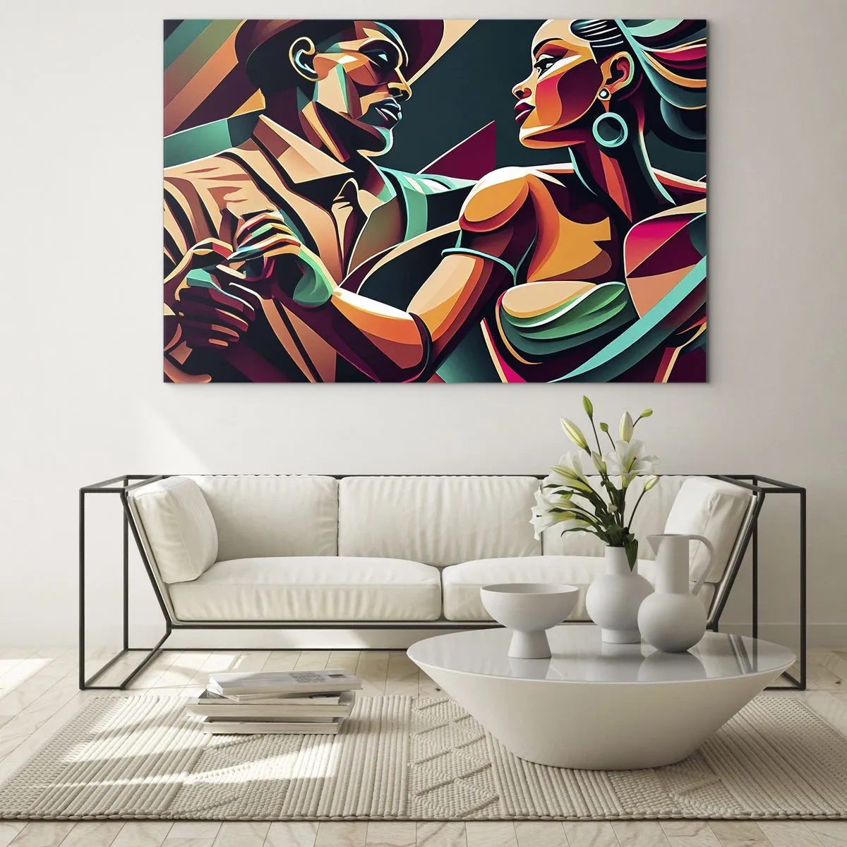 Glasbild - Bild auf glas - Ein farbenfrohes Paar tanzt im Art-Deco-Stil mit dynamischem Ausdruck. - 70x50cm - Im Rhythmus des Herzens - Moderne Wanddekoration für Wohnzimmer und Schlafzimmer ARTTOR
