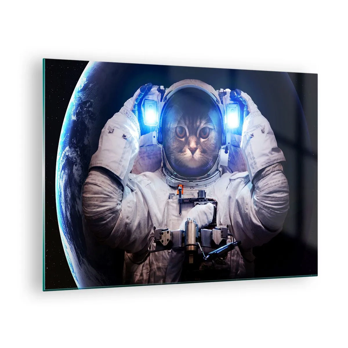 Glasbild - Bild auf glas - Ein katzenköpfiger Kosmonaut im Weltraum - 70x50cm - Houston, du hast ein Problem - Moderne Wanddekoration für Wohnzimmer und Schlafzimmer ARTTOR