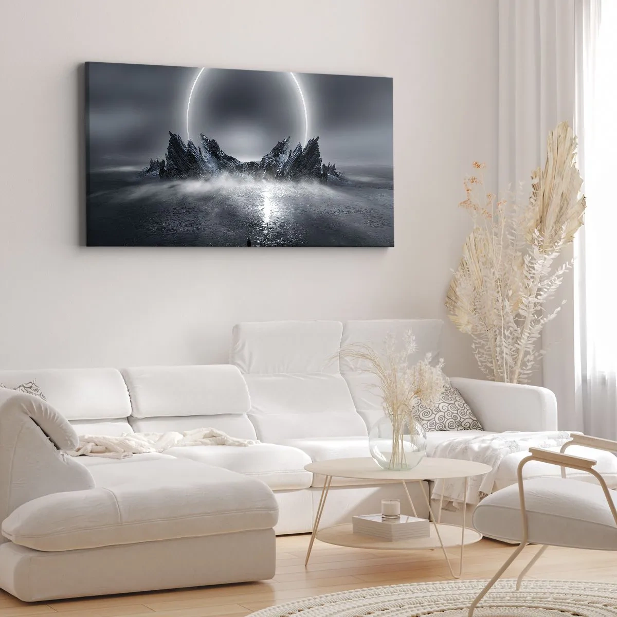 Bild auf Leinwand - Leinwandbild - Mysteriöse Landschaft mit einem Lichtring über den Bergen - 140x50cm - Ende der Geschichte - Moderne Wanddekoration für Wohnzimmer und Schlafzimmer ARTTOR