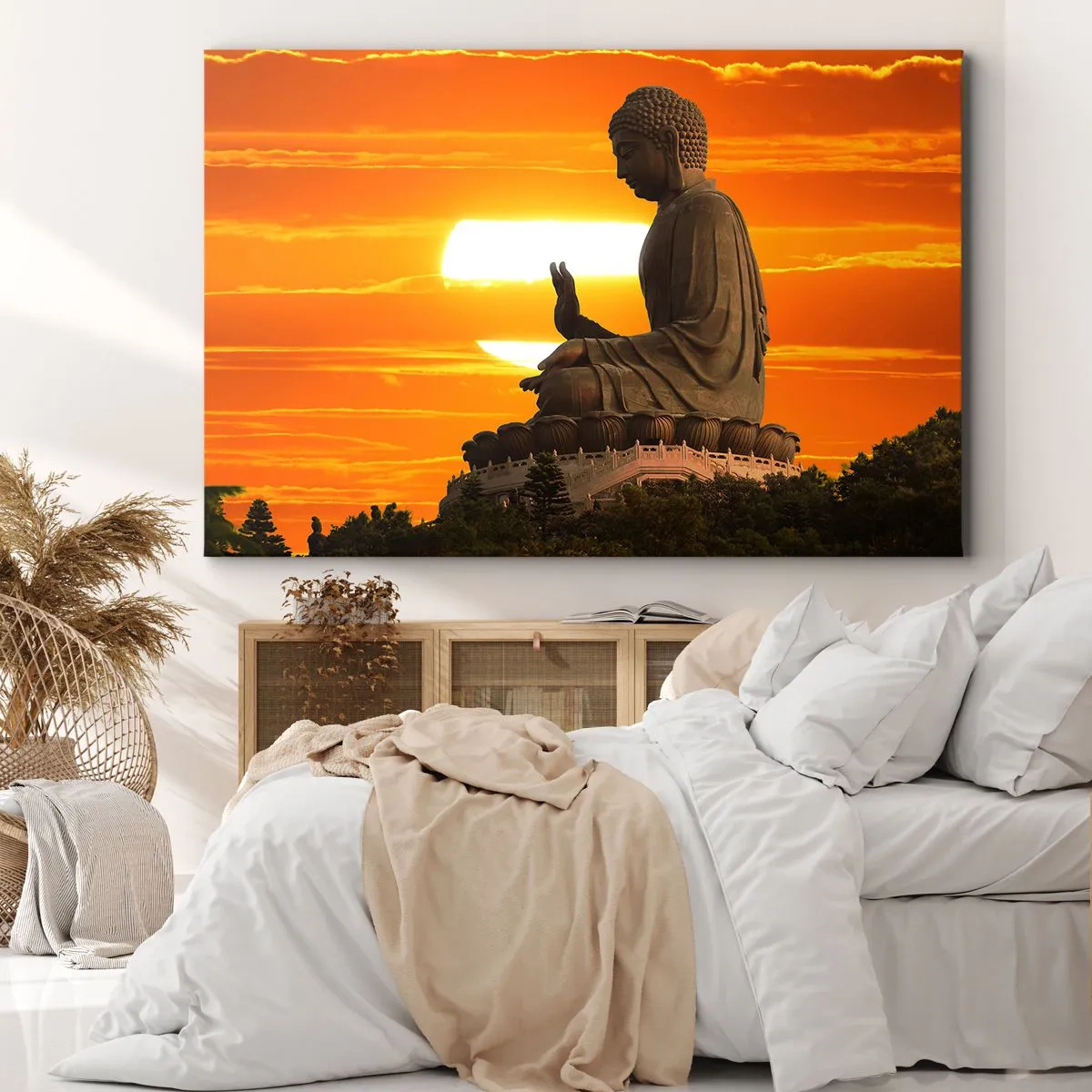Bild auf Leinwand - Leinwandbild - Eine buddhistische Statue vor dem Hintergrund eines orangefarbenen Sonnenuntergangs - 120x80cm - Keine Angst vor der Welt - Moderne Wanddekoration für Wohnzimmer und Schlafzimmer ARTTOR