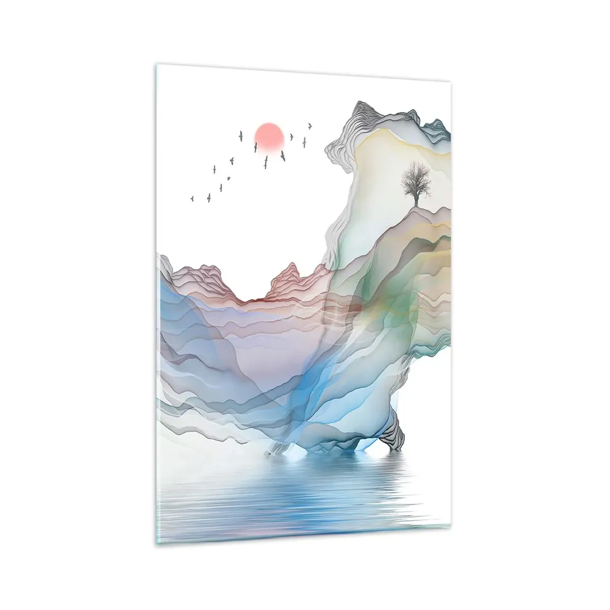 Glasbild - Bild auf glas - Eine subtile Landschaft mit Bergen, Wasser und einem Boot - 80x120cm - Zu den Kristallbergen - Moderne Wanddekoration für Wohnzimmer und Schlafzimmer ARTTOR