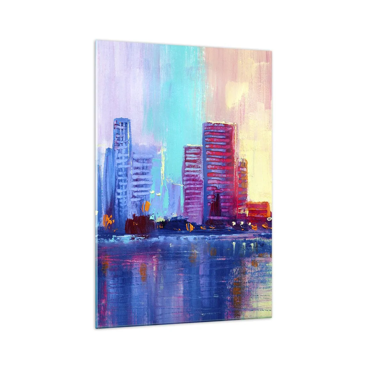 Glasbild - Bild auf glas - Ein farbenfrohes Panorama der Stadt im Aquarellstil - 70x100cm - In Farben getaucht - Moderne Wanddekoration für Wohnzimmer und Schlafzimmer ARTTOR