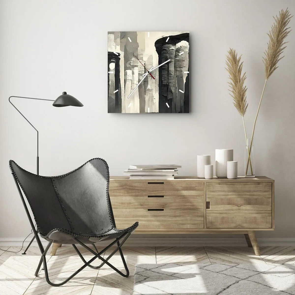 Wanduhr - Glasuhr - Historische Säulen in stimmungsvoller monochromer Umgebung - 30x30cm - Majestät der Antike - Moderne Wanddekoration für Wohnzimmer und Schlafzimmer ARTTOR
