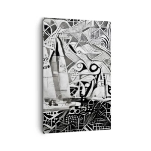 Bild auf Leinwand - Leinwandbild - Abstrakte Segelboote in einer monochromen Komposition - 80x120cm - Zwischen den Wellen - Moderne Wanddekoration für Wohnzimmer und Schlafzimmer ARTTOR