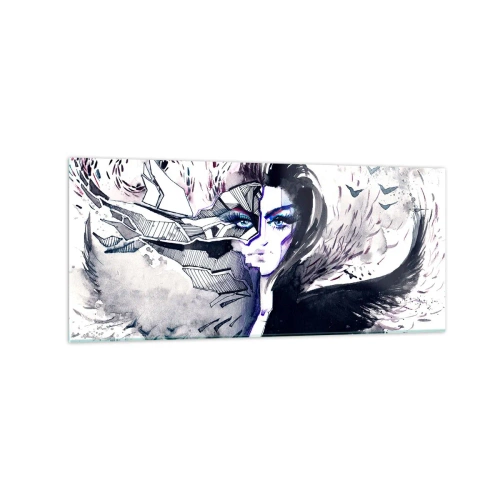 Glasbild - Bild auf glas - Abstraktes Gesicht mit kontrastierenden Elementen und einem Flügelmotiv - 120x50cm - Dämonisch und schön - Moderne Wanddekoration für Wohnzimmer und Schlafzimmer ARTTOR