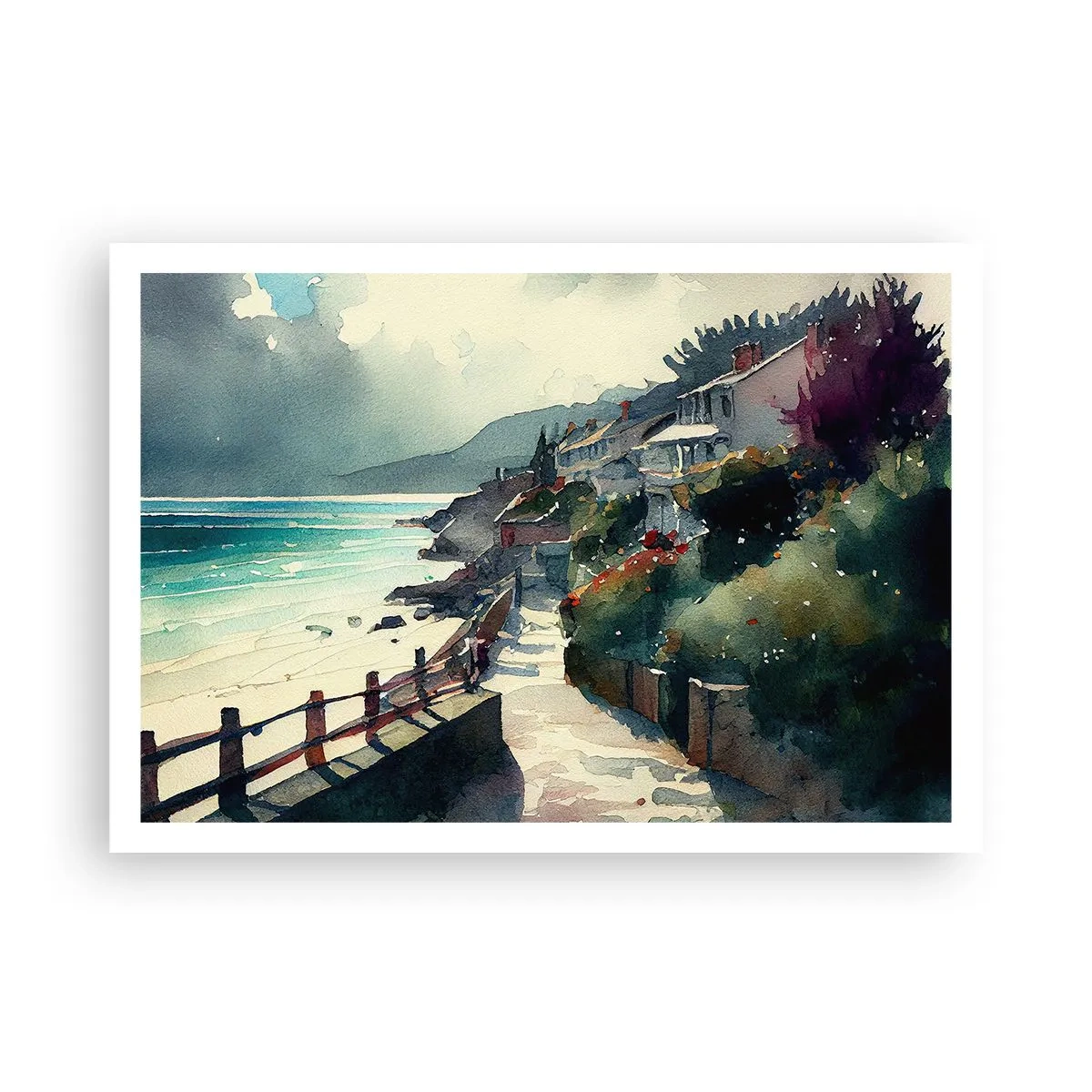 Poster - Strandpromenade mit Häusern und Vegetation - 100x70cm - Mittelmeerstadt - Moderne Wanddekoration für Wohnzimmer und Schlafzimmer ARTTOR