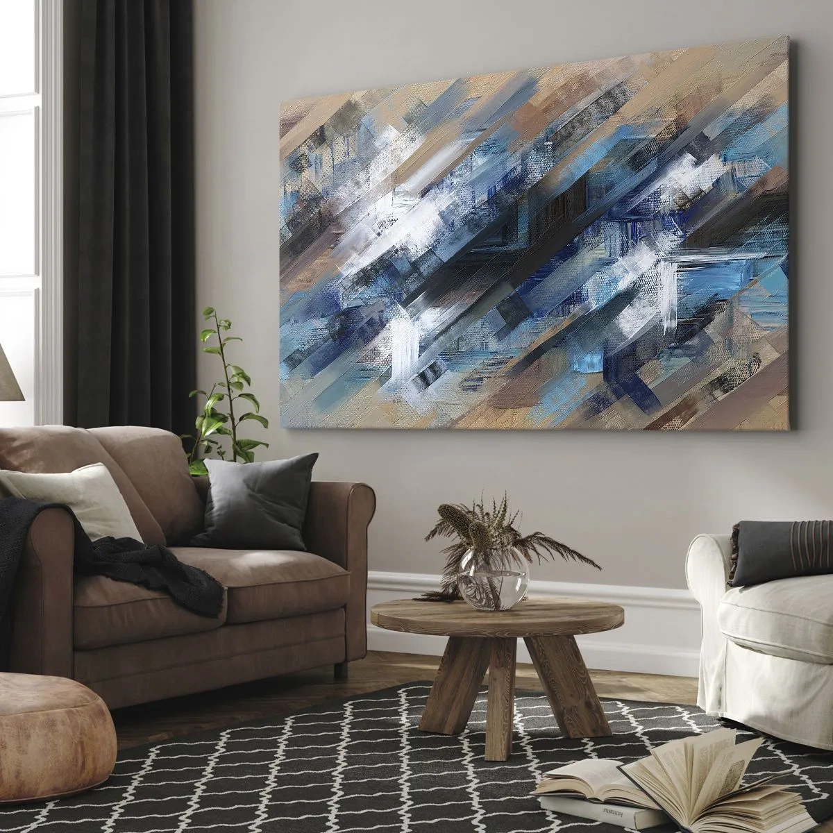 Bild auf Leinwand - Leinwandbild - Abstrakte Komposition mit blauen diagonalen Linien - 100x70cm - Auf einer blauen Diagonale - Moderne Wanddekoration für Wohnzimmer und Schlafzimmer ARTTOR