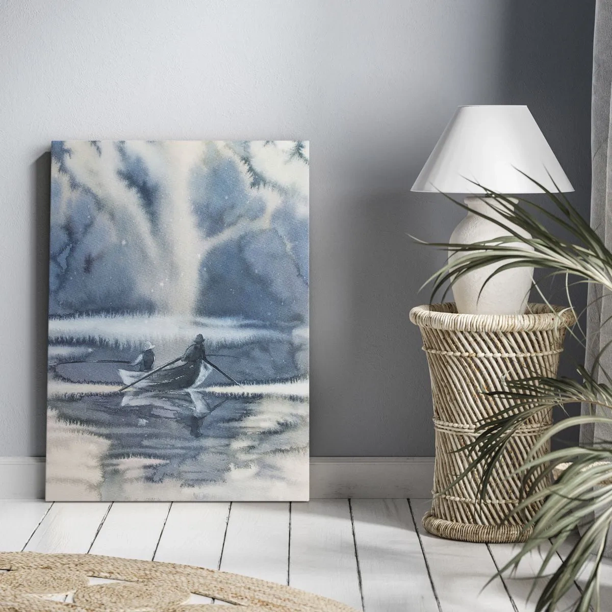 Bild auf Leinwand - Leinwandbild - Aquarelllandschaft mit Booten auf einem See, umgeben von einem nebligen Wald - 50x70cm - Angler in ihrem Paradies - Moderne Wanddekoration für Wohnzimmer und Schlafzimmer ARTTOR