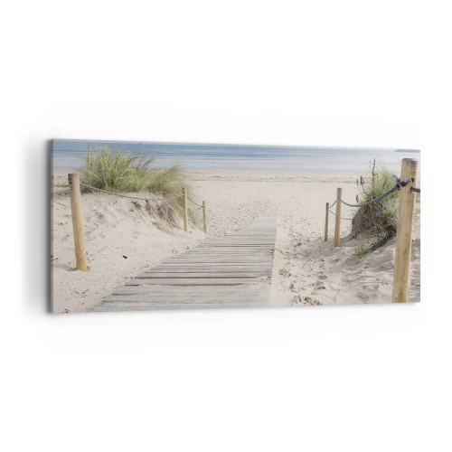 Bild auf Leinwand - Leinwandbild - Ein Plankenweg, der zu einem Sandstrand führt - 120x50cm - Bis zum Horizont - Moderne Wanddekoration für Wohnzimmer und Schlafzimmer ARTTOR