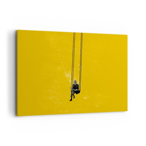 Bild auf Leinwand - Leinwandbild - Eine Person auf einer Schaukel vor einem intensiv gelben Hintergrund - 120x80cm - Tag wie jeder andere - Moderne Wanddekoration für Wohnzimmer und Schlafzimmer ARTTOR