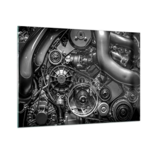 Glasbild - Bild auf glas - Detail eines schwarz-weißen Motors mit sichtbaren Mechanismen - 100x70cm - Die Poesie der Mechanik - Moderne Wanddekoration für Wohnzimmer und Schlafzimmer ARTTOR